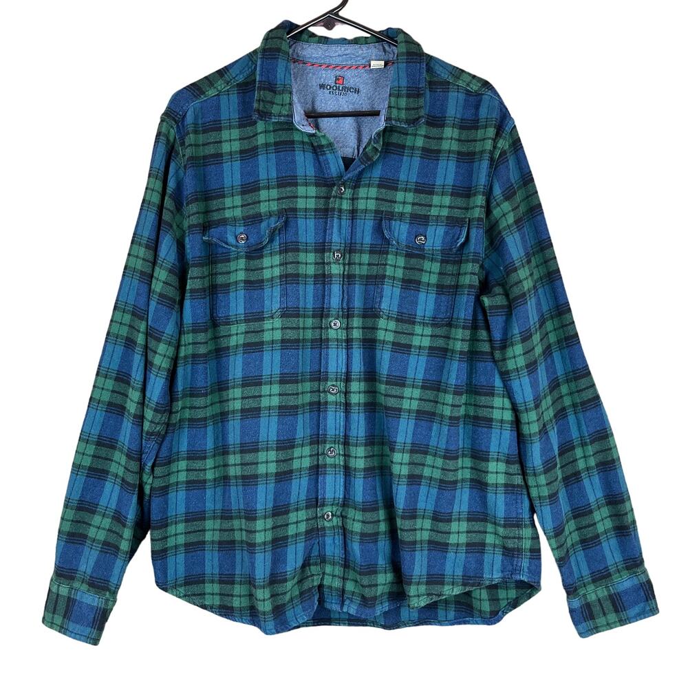 Woolrich Mens Flannel Shirt Navy Blue Green Tartan Plaid Button Down Pockets XXL